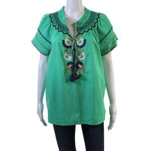 Figue Womens Cotton V-neck Short Sleeve Embroidered Top Green Size L